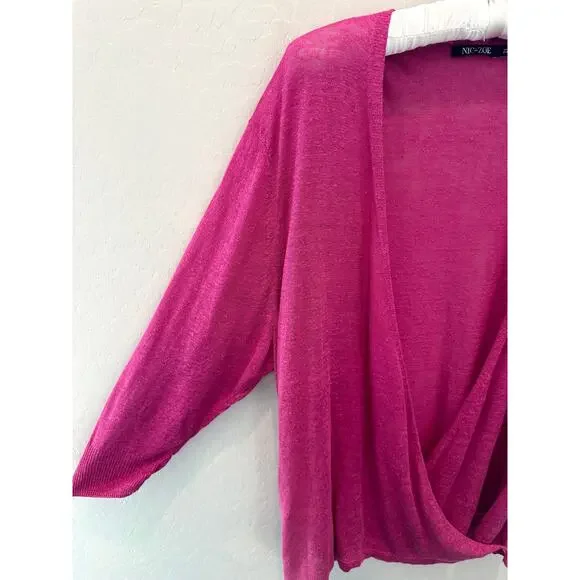 NIC+ZOE | Magenta Pink Plus Size Linen Blend Surplice Deep V-Neck Cardigan | 2X - Picture 3 of 6